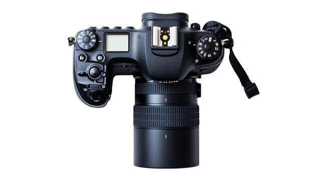 top view of digital camera and lens isolated on transparent background