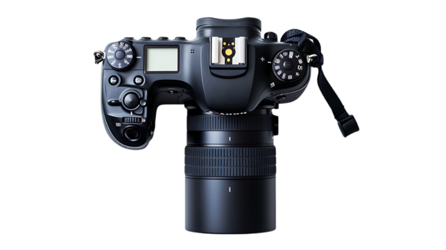 top view of digital camera and lens isolated on transparent background