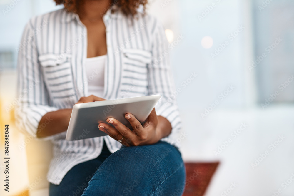 Poster hands, tablet and typing in office for social media post, communication or online news and email. fe