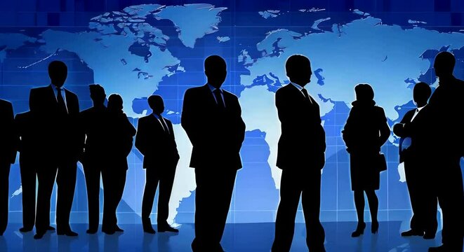 Silhouettes of business people standing before a world map on a blue background show teamwork and international corporate technology, global collaboration and tech integration