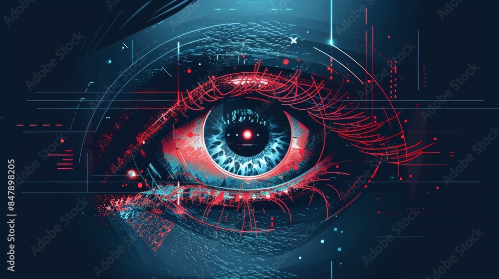 Poster biometric authentication concept with visuals of iris scanning.