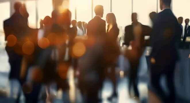 Blurred animated background of business people at an event meeting illustrating networking, professional gathering and corporate interaction