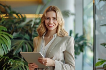 Fototapeta premium Professional woman with blonde hair holding a tablet in a modern office.