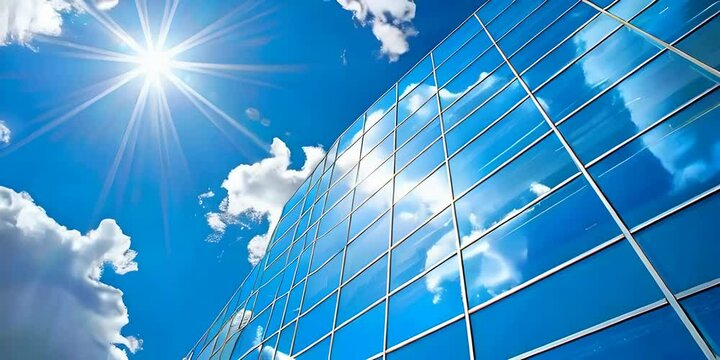 A glass building with the blue sky and white clouds floating reflecting in its windows under the bright sun