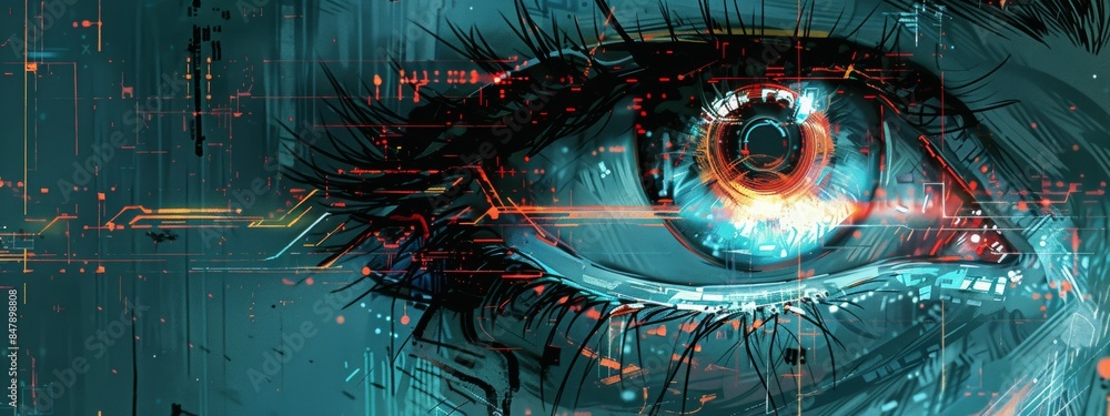Poster biometric authentication concept with visuals of iris scanning.