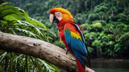 Obraz premium A colorful macaw perched on a branch overlooking a vast river snaking through the lush rainforest.