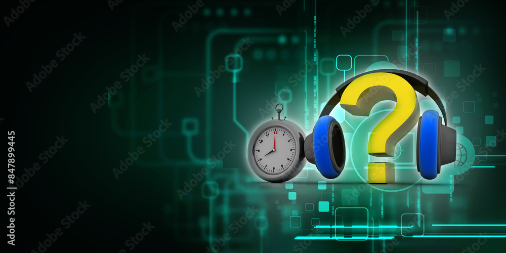 Poster 3d rendering question mark connected headphone with clock
