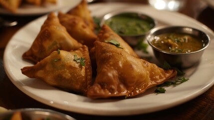 A delicious plate of vegetarian samosas served with tangy tamarind chutney for dipping.