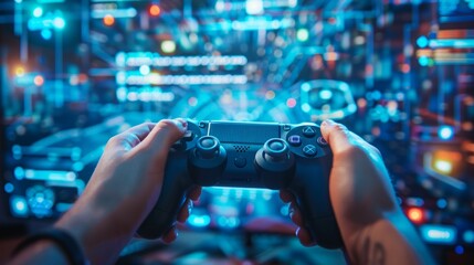 Hands holding a gaming controller with futuristic digital background. Ideal for gaming or tech content