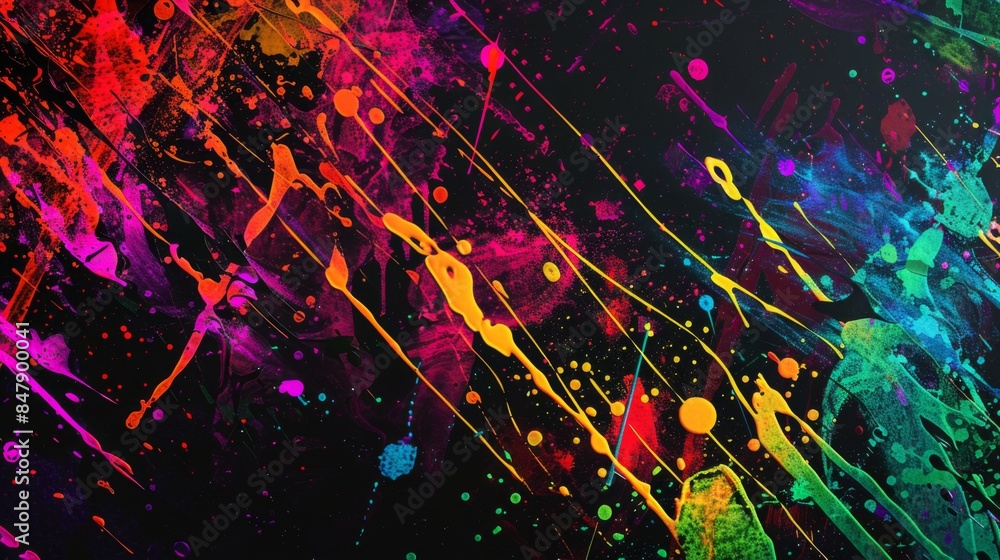 Poster a dynamic abstract background with splashes of neon colors on a black canvas.