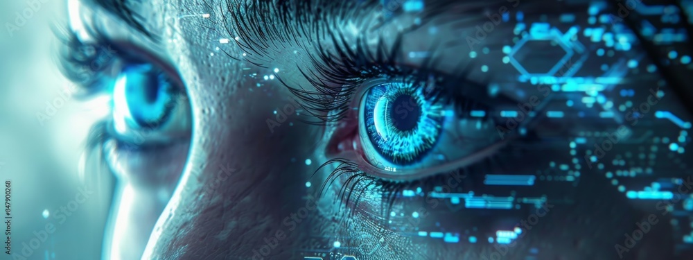 Poster biometric authentication concept with visuals of facial recognition.