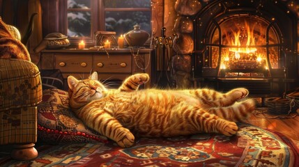 A fat cat lying on a rug in front of a fireplace, basking in the warmth.