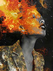 Fiery Imagination: Artistic Portrait of Woman with Blazing Hair and Golden Jacket