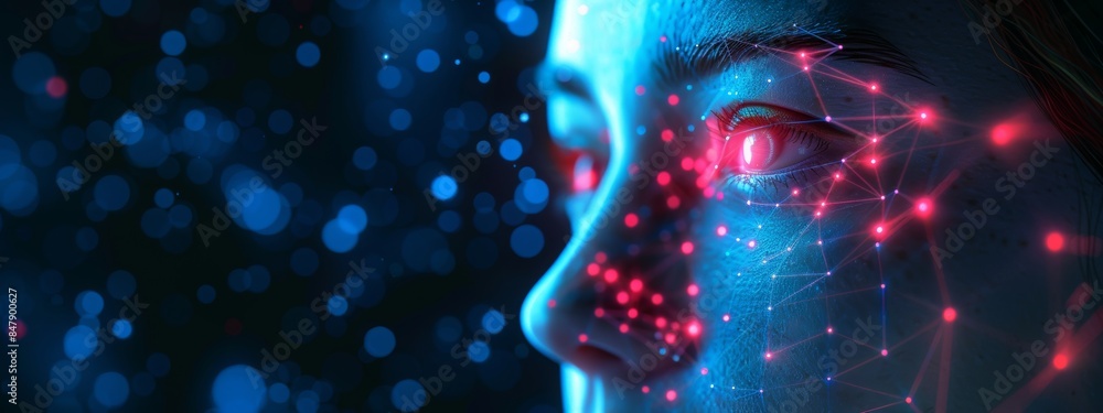Poster biometric authentication concept with visuals of facial recognition.