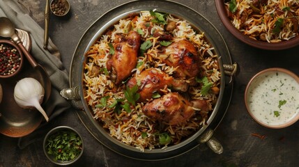 A flavorful biryani dish made with aromatic spices, tender chicken, and fluffy rice, served with raita.