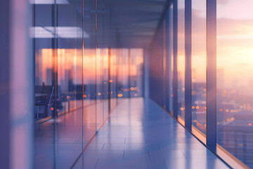 Beautiful blurred background of a light modern office interior with panoramic windows and beautiful lighting.