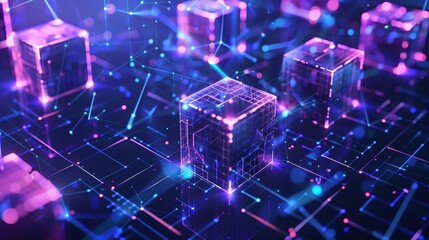 Digital blockchain technology network with glowing cubes