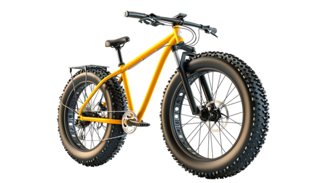 Yellow mountain bike with thick offroad tyres isolated on transparent background