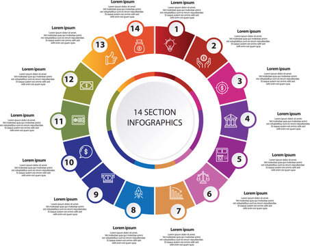 Collection of vector circle chart infographic templates for presentations, advertising, layouts, annual reports. 14 options, steps, parts	
