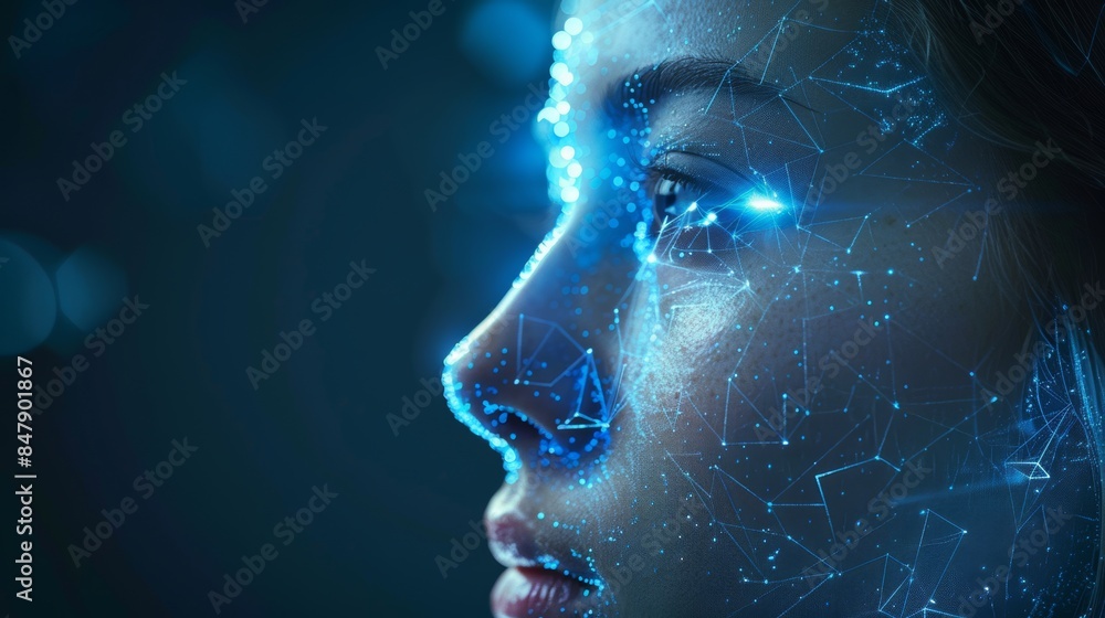 Poster biometric authentication concept with visuals of facial recognition.