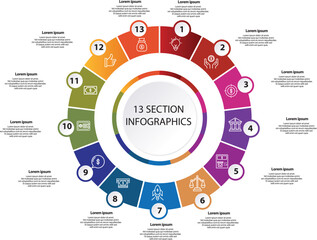 Collection of vector circle chart infographic templates for presentations, advertising, layouts, annual reports. 13 options, steps, parts	