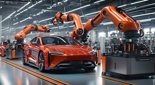 Automated robotics futuristic electric car production factory with production and efficiency statistics	
