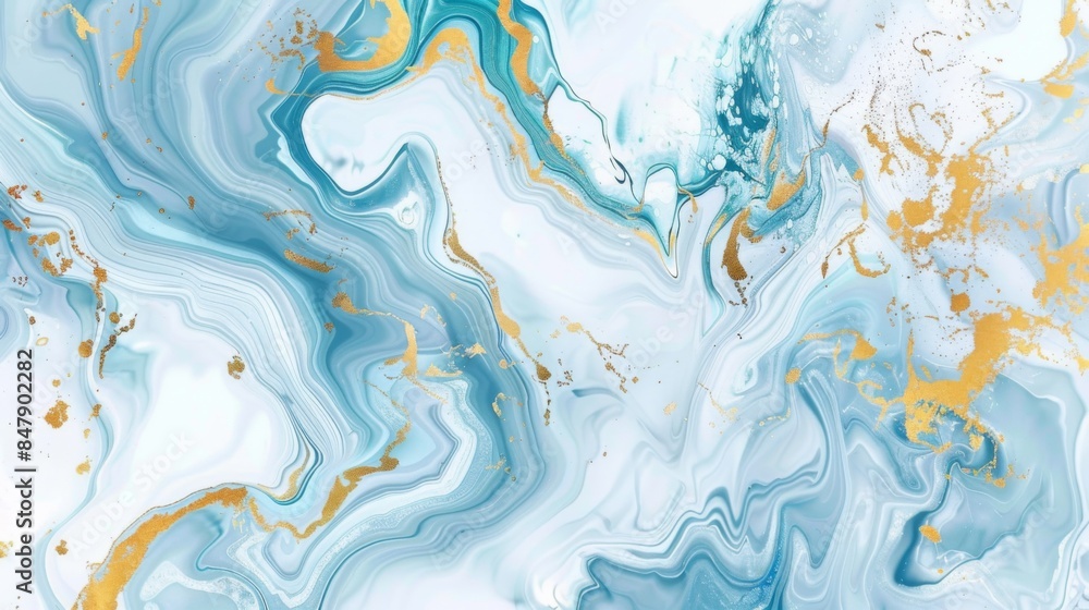 Poster a fluid abstract background with marbled patterns in blue, gold, and white.