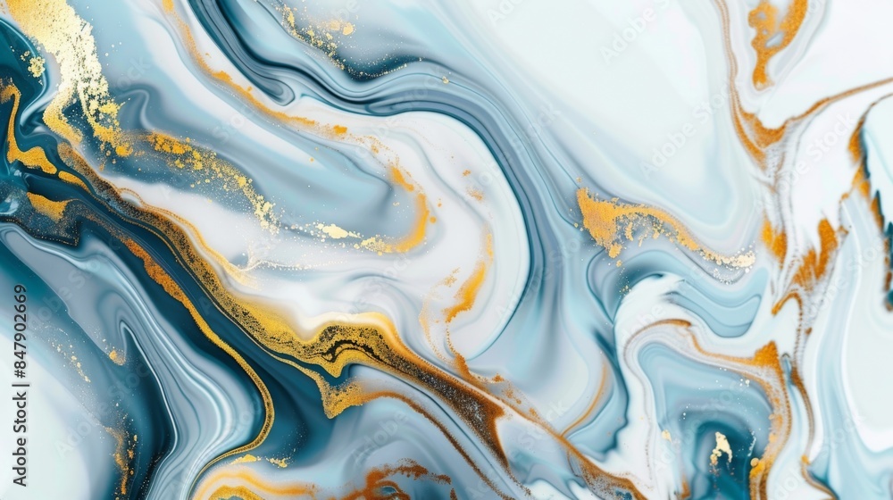Poster a fluid abstract background with marbled patterns in blue, gold, and white.