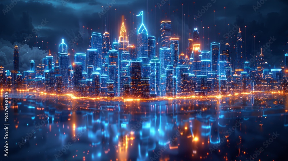 Poster a wireframe hologram of buildings with glowing blue lines forming intricate patterns around its icon