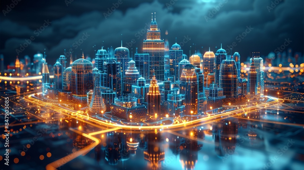 Poster a wireframe hologram of buildings with glowing blue lines forming intricate patterns around its icon