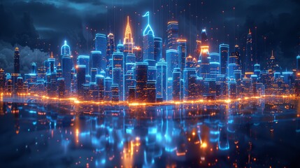 Obraz premium A wireframe hologram of buildings with glowing blue lines forming intricate patterns around its iconic structure against an isolated dark background. industrial design features. Generative AI.
