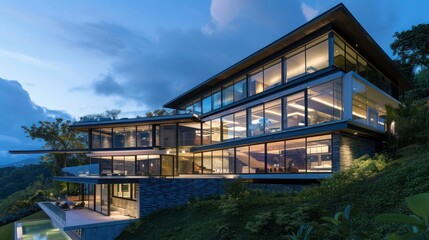 Fototapeta premium modern hillside home with large glass walls, a cantilevered design, and stunning views