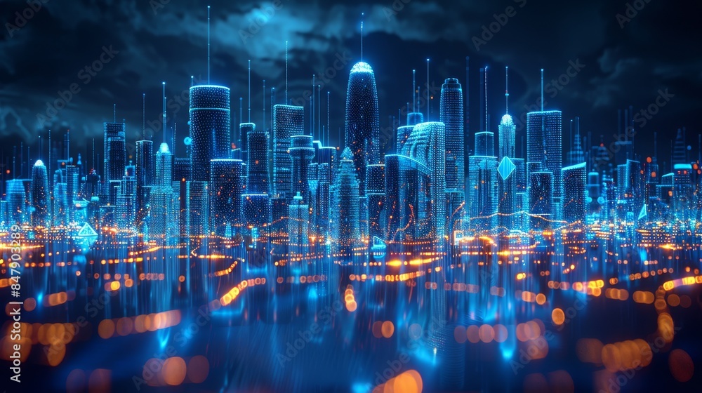 Poster A wireframe hologram of buildings with glowing blue lines forming intricate patterns around its iconic structure against an isolated dark background. industrial design features. Generative AI.