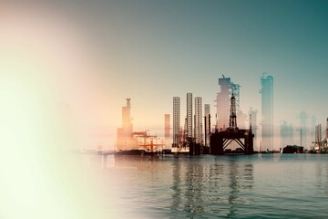 Oil platform factory at sea background