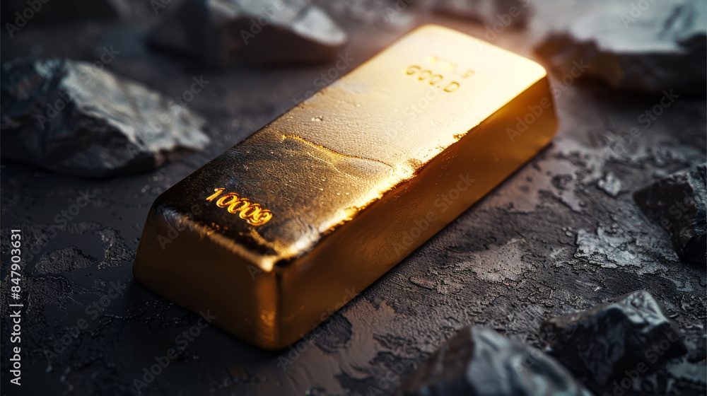 Poster gold bar on a pure dark background without stones. top view. generative ai.