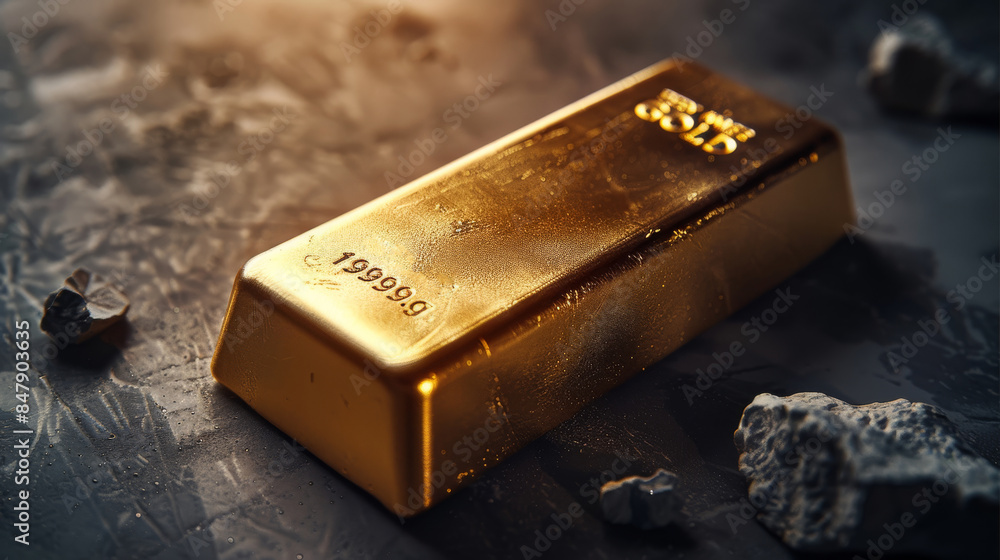 Poster Gold bar on a pure dark background without stones. top view. Generative AI.