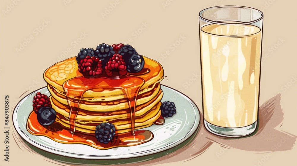 Poster a glass of milk next to a stack of pancakes topped with syrup and berries.