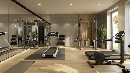 modern home gym with sleek equipment, a mirrored wall, and ample space for various workouts