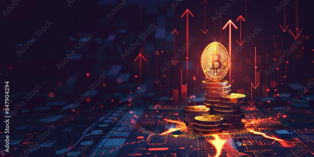 Poster bitcoin stack with upward growth arrow and dark background