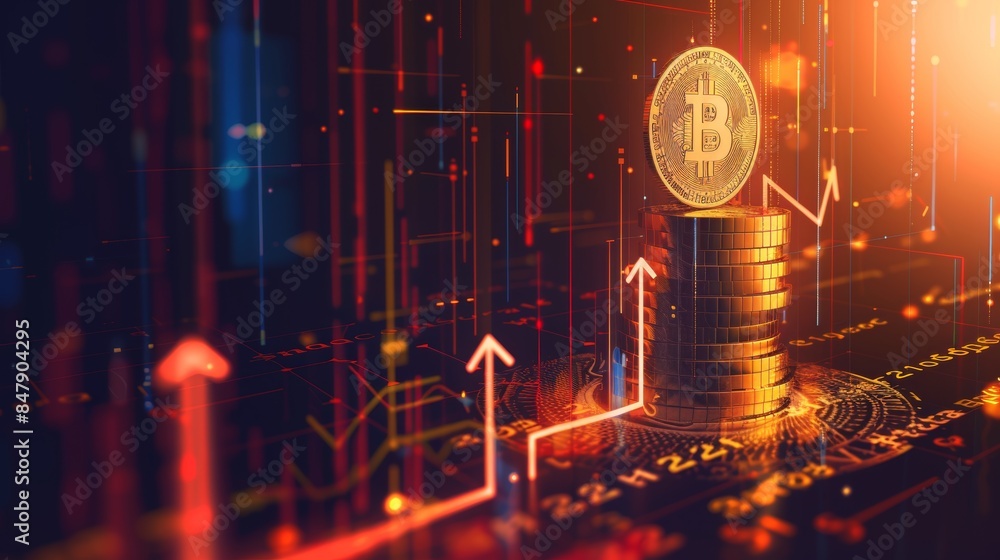 Poster bitcoin stack with upward growth arrow and dark background