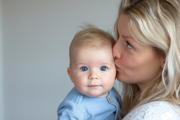 Mother kissing her baby on the cheek in tender moment, love and care concept