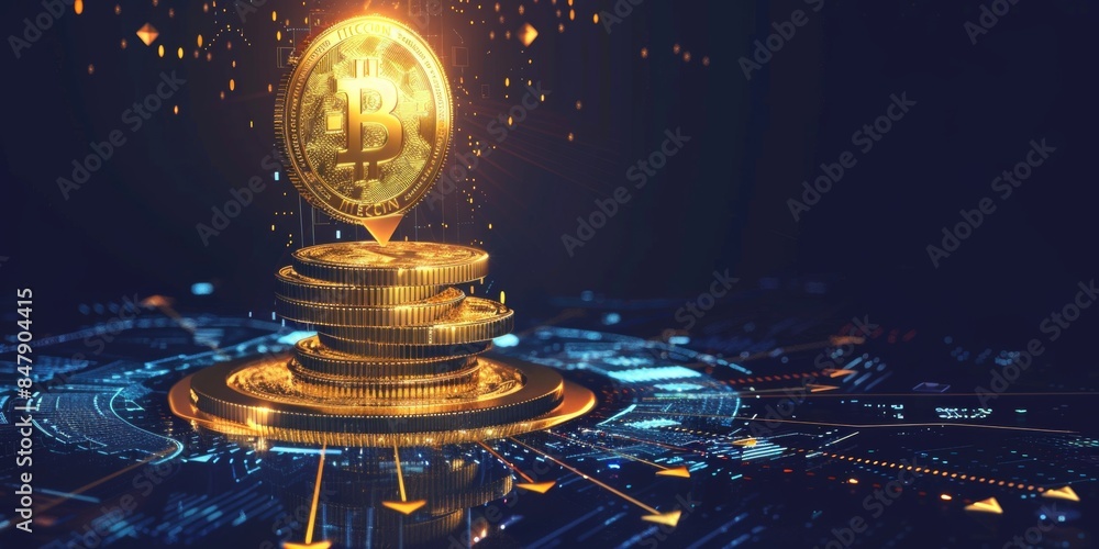 Poster bitcoin stack with upward growth arrow and dark background