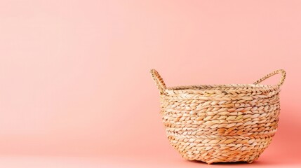 Obraz premium Peachy pink background featuring a woven basket with generous copyspace for text