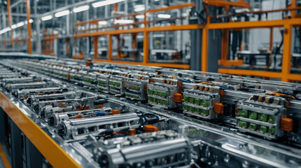 Fototapeta premium A plant for the production of electric batteries and accumulators, on the conveyor there are parts of the mechanism.