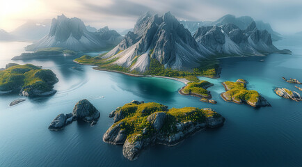Obraz premium Awe-inspiring aerial panorama of the vast, untamed wilderness of the archipelago. Aerial high view. Generative AI.