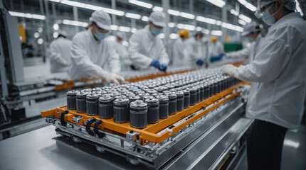 A plant for the production of electric batteries and accumulators, on the conveyor there are parts of the mechanism.