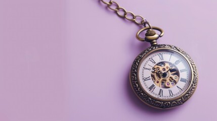 Artistic old pocket watch on a soft lilac background with abundant copyspace