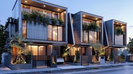 modern row house with unique architectural features, rooftop garden, and sleek facade