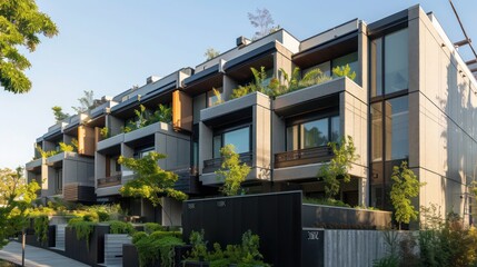 Obraz premium modern row house with unique architectural features, rooftop garden, and sleek facade