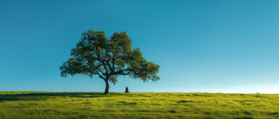 A panorama serene scene of a lone tree in a vast green field under a clear blue sky, with a person sitting on a swing attached to the tree, evoking a sense of peace and solitude, AI-generated